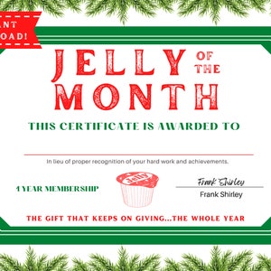 Jelly Of The Month Club PRINTABLE - Clark Griswold Certificate - Jelly of Month Certificate - Christmas Vacation - Cousin Eddie - DOWNLOAD