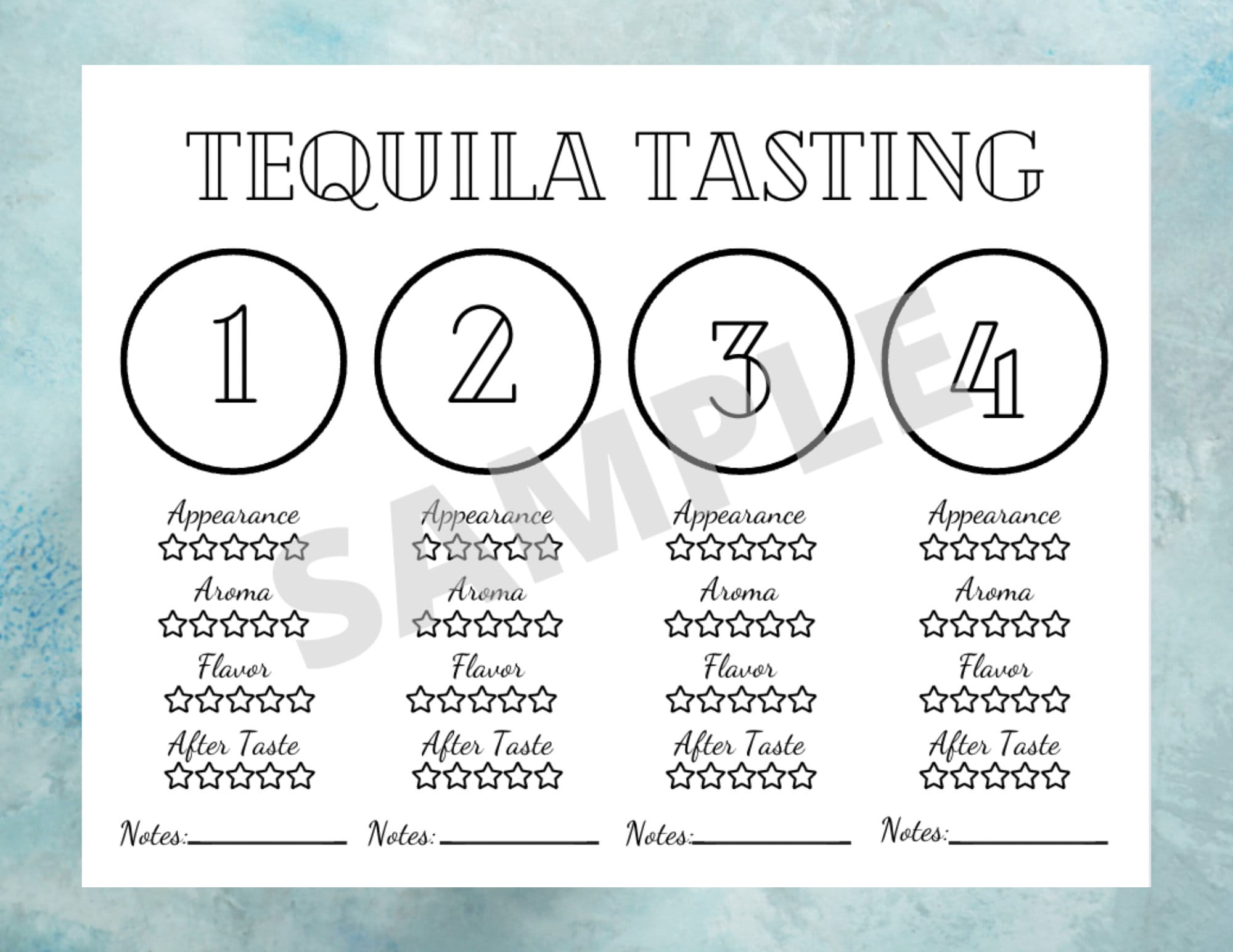 TEQUILA Tasting Flight Placemat Printable Tequila Scorecard Placemat