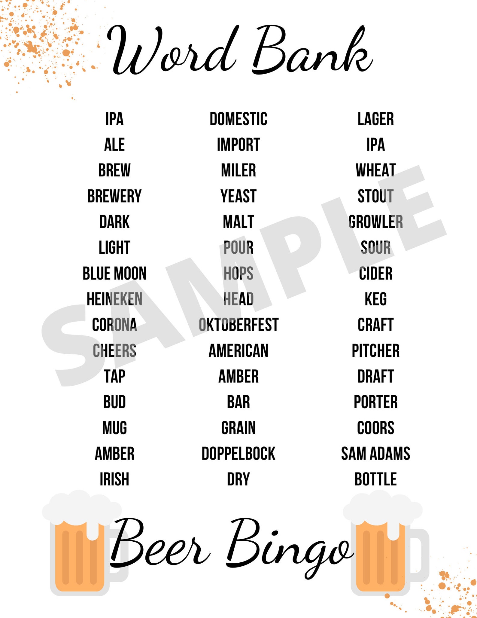 BEER Bingo Printable Beer Bingo With 40 Word Bank Beer Etsy Australia