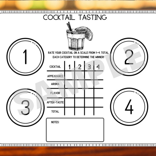 COCKTAIL Tasting Flight Placemat - Printable Cocktail Scorecard - Placemat - Drinking Games - Printable Cocktail Cards - Instant Download