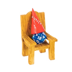 DND Dice Jail. Dungeons and Dragons Time Out Chair and Dunce Hat for all D&D Dice. Punish Bad Dice in our Chair Of Shame Accessory Gift.