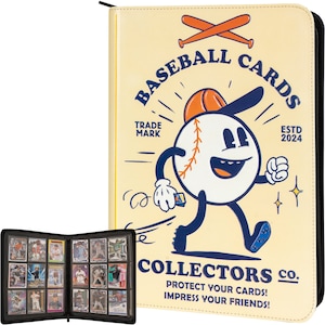 May include: A yellow baseball card album with a cartoon baseball character running and holding a baseball card. The album says "Baseball Cards" and "Collectors Co. Protect your cards! Impress your friends!"