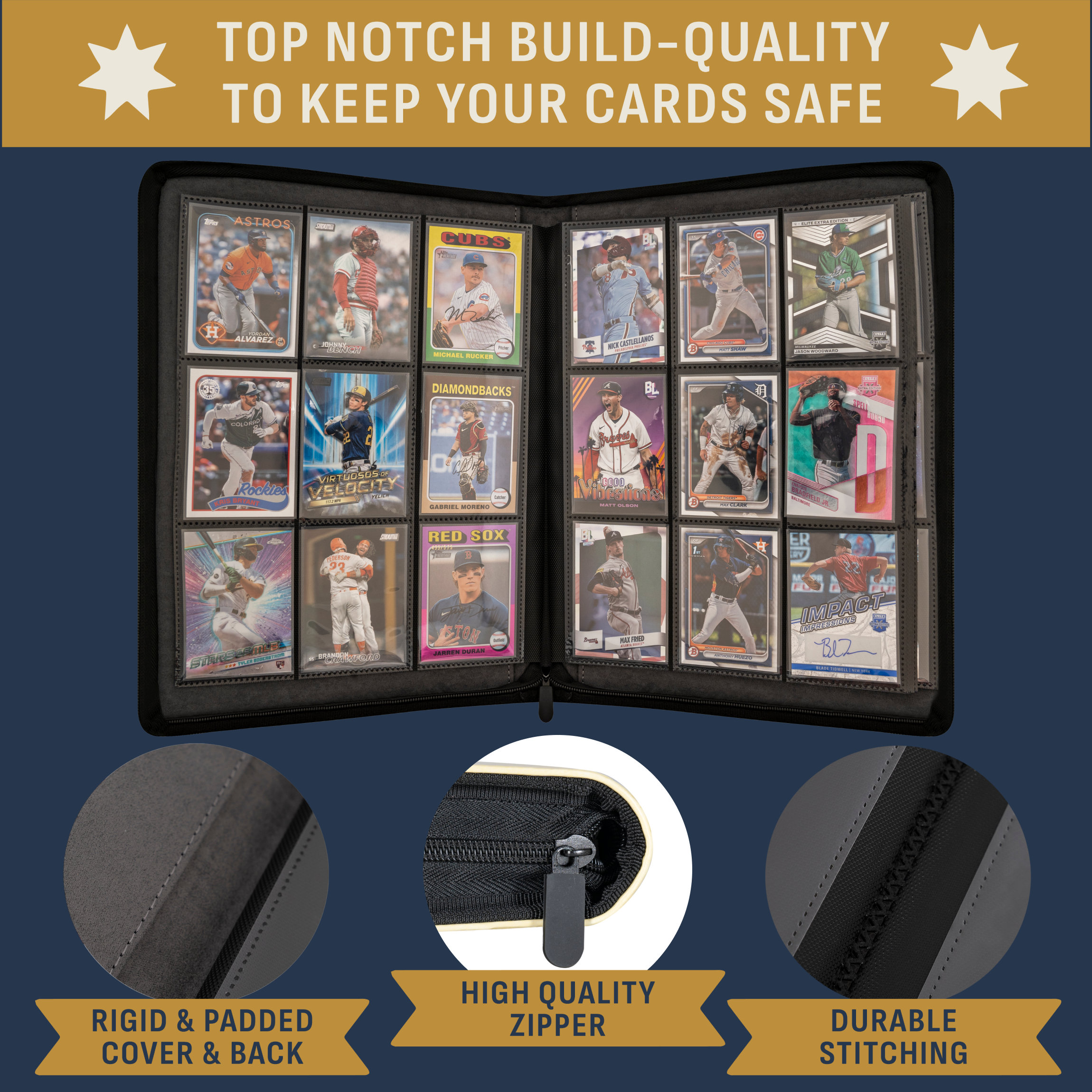 Baseball Card Binder - 9 Pocket Album /w Zipper - 360 Side Loading Sleeves  Book for Baseball Trading Cards - 3D PU Leather /w Vintage Design - Etsy