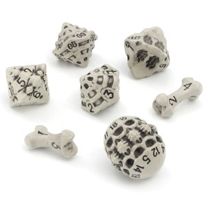 DND Dice Set 7 Polyhedral Skull / Bone RPG Dice Cool and Unique D20, D12, %D10, D10, D8, D6, D4. Dungeons and Dragons, Warhammer, D&D Cleaned Bone White