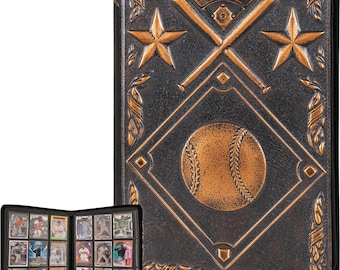 Baseball Card Binder - 9 Pocket Album /w Zipper - 360 Sleeves slots for Baseball Trading Cards - 3D Raised & Hand Colorwashed PU Leather