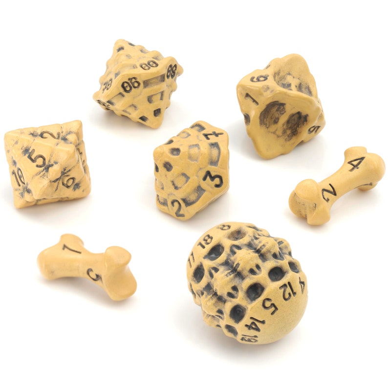 DND Dice Set 7 Polyhedral Skull / Bone RPG Dice Cool and Unique D20, D12, %D10, D10, D8, D6, D4. Dungeons and Dragons, Warhammer, D&D Ancient Bone Yellow