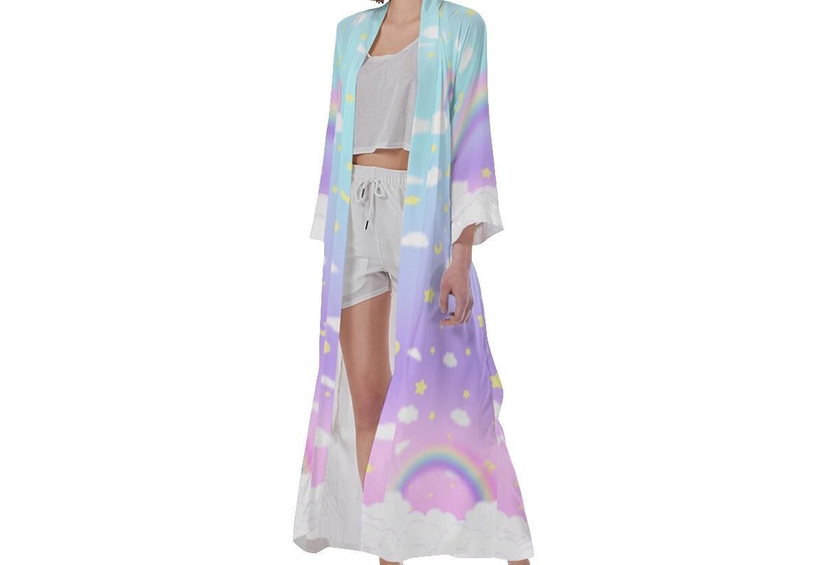 Rainbow Rbe Gradient Sky Rainbow Long Satin Kimono Robe - Etsy