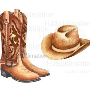 Stivali western e cappello da cowboy disegnati a mano in formato PNG con acquerello – Clipart rustico per progetti di sublimazione