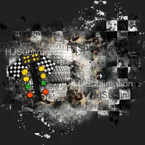 May include: A black and white checkered flag with a grunge effect. A set of four black tires are stacked on top of each other. A red, yellow, and green traffic light with a checkered flag on each side is in front of the tires.