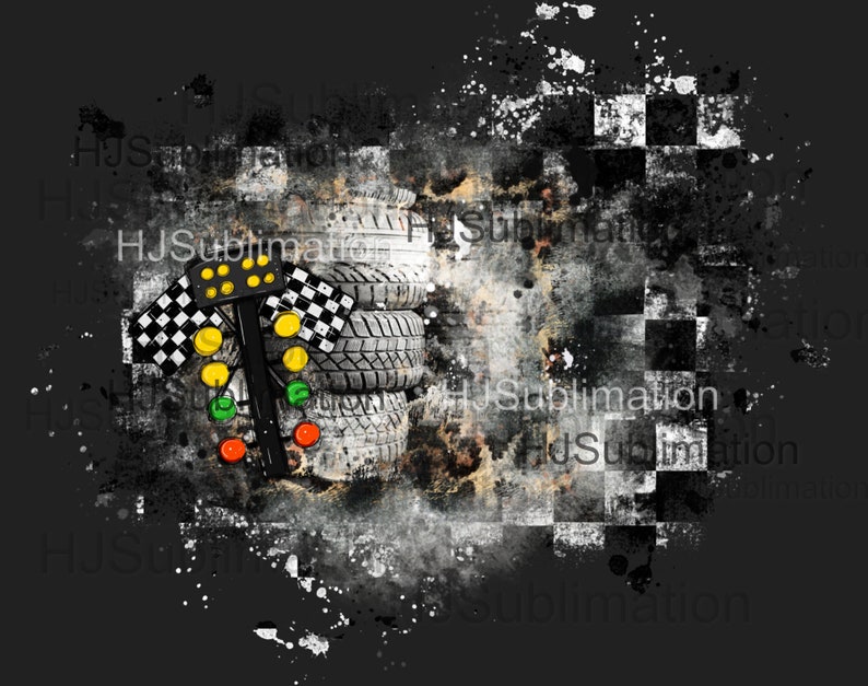 May include: A black and white checkered flag with a grunge effect. A set of four black tires are stacked on top of each other. A red, yellow, and green traffic light with a checkered flag on each side is in front of the tires.
