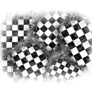 May include: A monochrome checkered pattern with a distressed effect. The design features overlapping black and white squares with a grunge texture. Suitable for sublimation printing. The image has a dynamic and textured look.