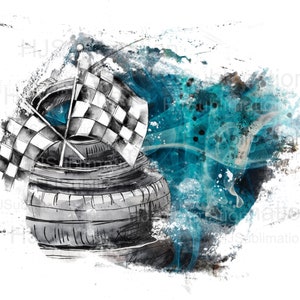 May include: A black and white checkered racing flag is crossed over a tire, with a blue and black watercolor background. The image has a grunge style and is suitable for racing-themed products.