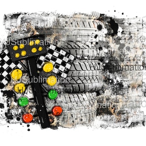 Drag Racing Sublimation PNG – Tire Marks & Starting Lights Grunge Design for Car Shirts