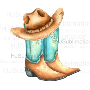 Stivali da cowboy e cappello da cowboy disegnati a mano in formato PNG - Clipart a sublimazione western per lavoretti fai da te in fattoria e rodeo