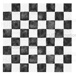 May include: Black and white checkered pattern with a watercolor effect. The squares are evenly spaced and the pattern is repeated throughout the image.