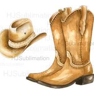 Stivali western e cappello da cowboy disegnati a mano in formato PNG con acquerello – Clipart rustico per progetti di sublimazione