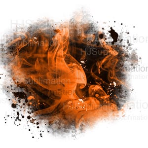 May include: Abstract orange and black watercolor background with splattered paint. The orange paint is in the shape of smoke or fire.