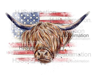 Highland Cow on USA Flag PNG / Patriotic Farm Animal Sublimation Design / Distressed American Flag Art / Digital Download
