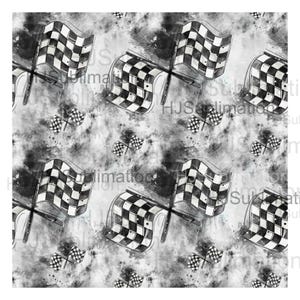 May include: A repeating pattern of black and white checkered racing flags on a gray, watercolor-style background. The flags are waving, with some smaller flags scattered throughout the design. The overall effect is a dynamic, racing-themed pattern.