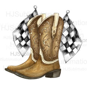 Stivali da cowboy e bandiere a scacchi da corsa in formato PNG, design a sublimazione per temi di corse country western