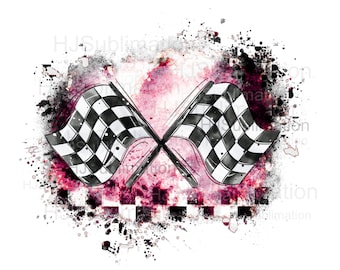 Puede incluir: Ilustración en acuarela de dos banderas de cuadros de carreras cruzadas. Las banderas son blancas y negras, con un fondo de estilo grunge con salpicaduras de rosa, negro y gris. El diseño tiene un aspecto artístico y desgastado.