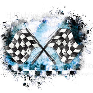 May include: A watercolour illustration of two crossed chequered racing flags. The flags are black and white, set against a blue and black splattered background. The design has a grunge aesthetic, with paint splatters and a chequered border.