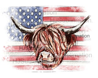 Patriotic Highland Cow  PNG.4th of July. USA Flag American.Patriotic png files for sublimation.