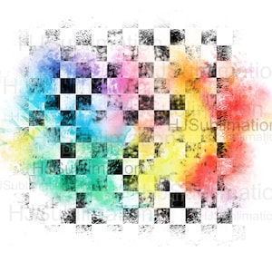May include: A digital design featuring a black and white checkered pattern with a watercolor effect. The watercolor effect blends vibrant colors like blue, pink, yellow, and red, creating a dynamic and artistic look. The text "HJSublimation" is visible.