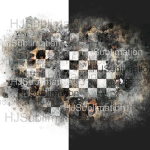 Op de afbeelding: Abstracte digitale kunst met een dambordpatroon in zwart en wit, overlegd met getextureerde, grunge-achtige effecten. Het ontwerp wordt verdeeld door een scherp contrast tussen een witte en zwarte achtergrond, met de tekst "HJSublimation" herhaald.