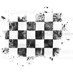 May include: Black and white checkered pattern with a watercolor effect. The design features a classic checkerboard layout with a distressed, splattered ink border. The design is suitable for various applications.
