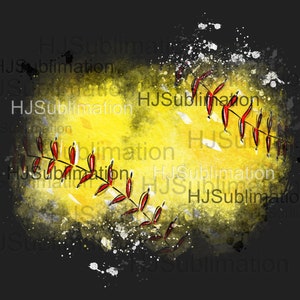 May include: A yellow softball with red stitching and a red vine with leaves, set against a black background with white splatters of paint.