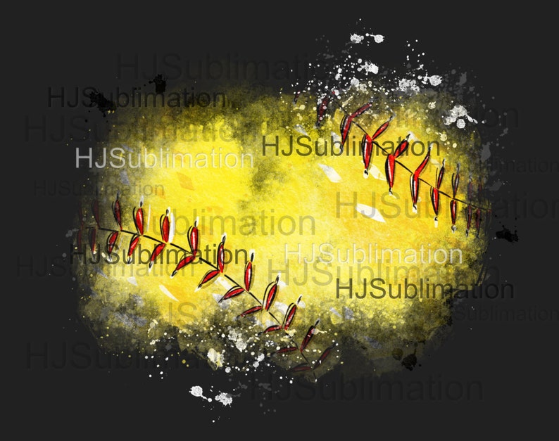 May include: A yellow softball with red stitching and a red vine with leaves, set against a black background with white splatters of paint.