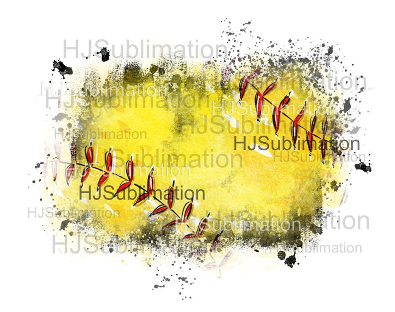 May include: A yellow softball with red stitching and a black and white watercolor background. The softball is surrounded by black splatters of paint.