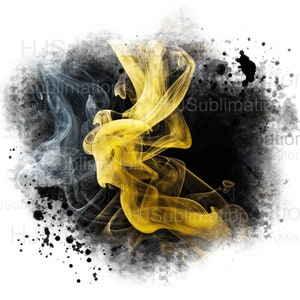 Puede incluir: Arte digital abstracto con humo amarillo y gris arremolinado sobre un fondo salpicado en blanco y negro. El texto "HJSublimation" es parcialmente visible. Adecuado para proyectos de sublimación.