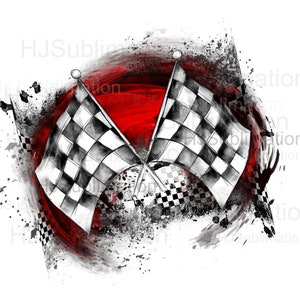 Puede incluir: Dos banderas de carreras a cuadros en blanco y negro cruzadas sobre un fondo rojo y negro salpicado.