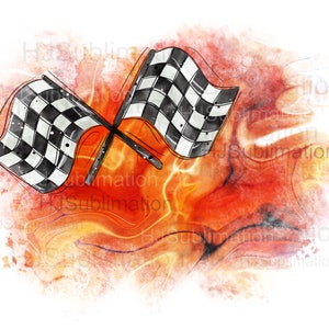 燃え盛るレース旗 PNG / 燃え盛るチェッカーフラッグ昇華デザイン / モータースポーツグランジグラフィック / スピード愛好家のためのデジタルダウンロード