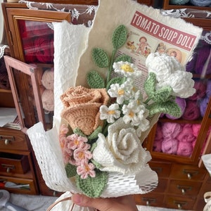 Modèle de bouquet de mariée de type C. 6 en 1. Modèle PDF au crochet avec marguerites, roses et tulipes. Crochet facile, bricolage. Instructions de bricolage fleurs faites à la main