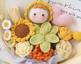 May include: A crocheted bouquet of flowers in a yellow paper wrapping. The bouquet includes sunflowers, roses, and a small crocheted doll with a heart. The paper wrapping has the text "You are sunshine love with you" written on it.