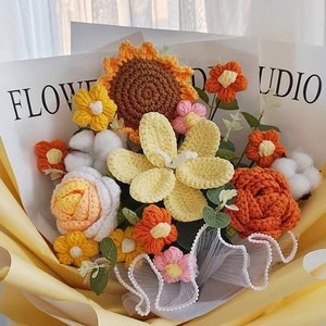 PAQUETE DE 12 PATRONES DE RAMOS DE FLORES A CROCHET FÁCILES DE HACER EN 1. Rosas, tulipanes, orquídeas y girasoles. Regalo para el Día de la Madre.