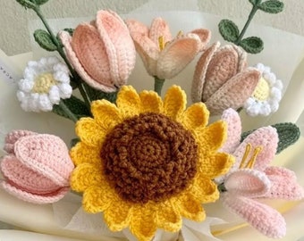 8 in 1 FLOWER bouquet pattern H. Daisy, sunflower, tulip PDF crochet pattern. Easy crochet, diy crafts. Wedding and graduation