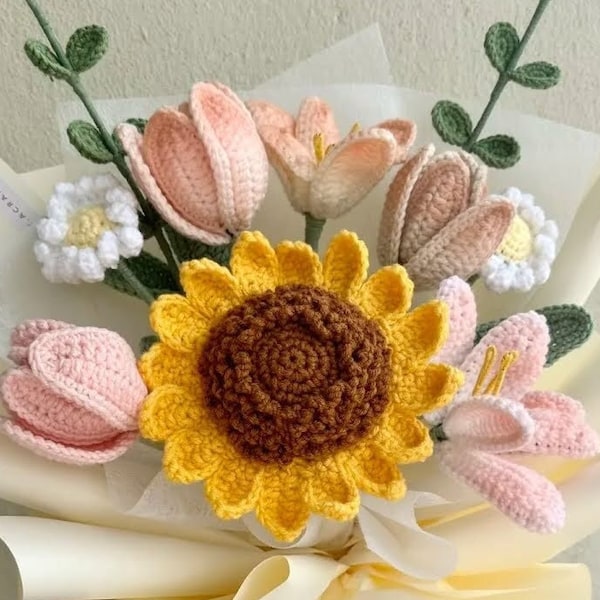 8 in 1 FLOWER bouquet pattern H. Daisy, sunflower, tulip PDF crochet pattern. Easy crochet, diy crafts. Wedding and graduation