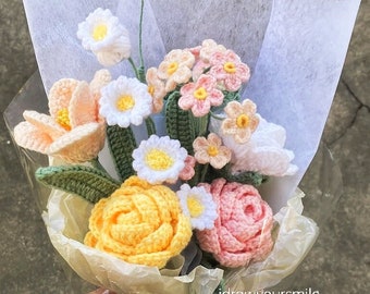 Patrón estético ramo de FLORES G. 6 en 1. Patrón de crochet PDF margaritas, rosas y tulipanes. Manualidades faciles de crochet y diy. Boda y graduación únicas