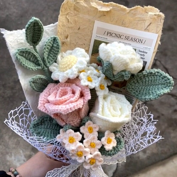 FLOWER Bouquet Muster C für Anfänger. 6 in 1. Gänseblümchen, Rose, Tulpe PDF Häkelanleitung. Leicht zu häkeln, DIY Handwerk. Hochzeit und Abschlussfeier