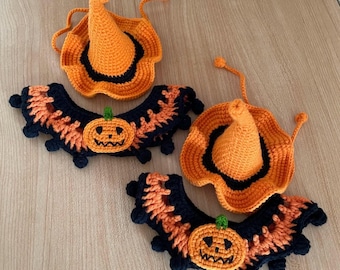 Halloween-kostuum hond en kat - heksenhoed en pompoenhalsband – haakpatroon (pdf-download)