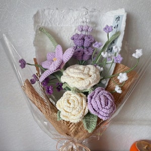 Lavender Crochet floral bouquet pattern bundle including rose, tulip, and sunflower yarn designs, perfect for DIY flower bouquets, wedding decor, and handmade gifts.