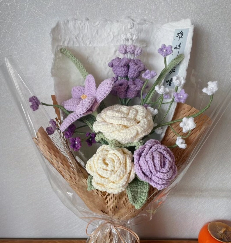 Lavender Crochet floral bouquet pattern bundle including rose, tulip, and sunflower yarn designs, perfect for DIY flower bouquets, wedding decor, and handmade gifts.