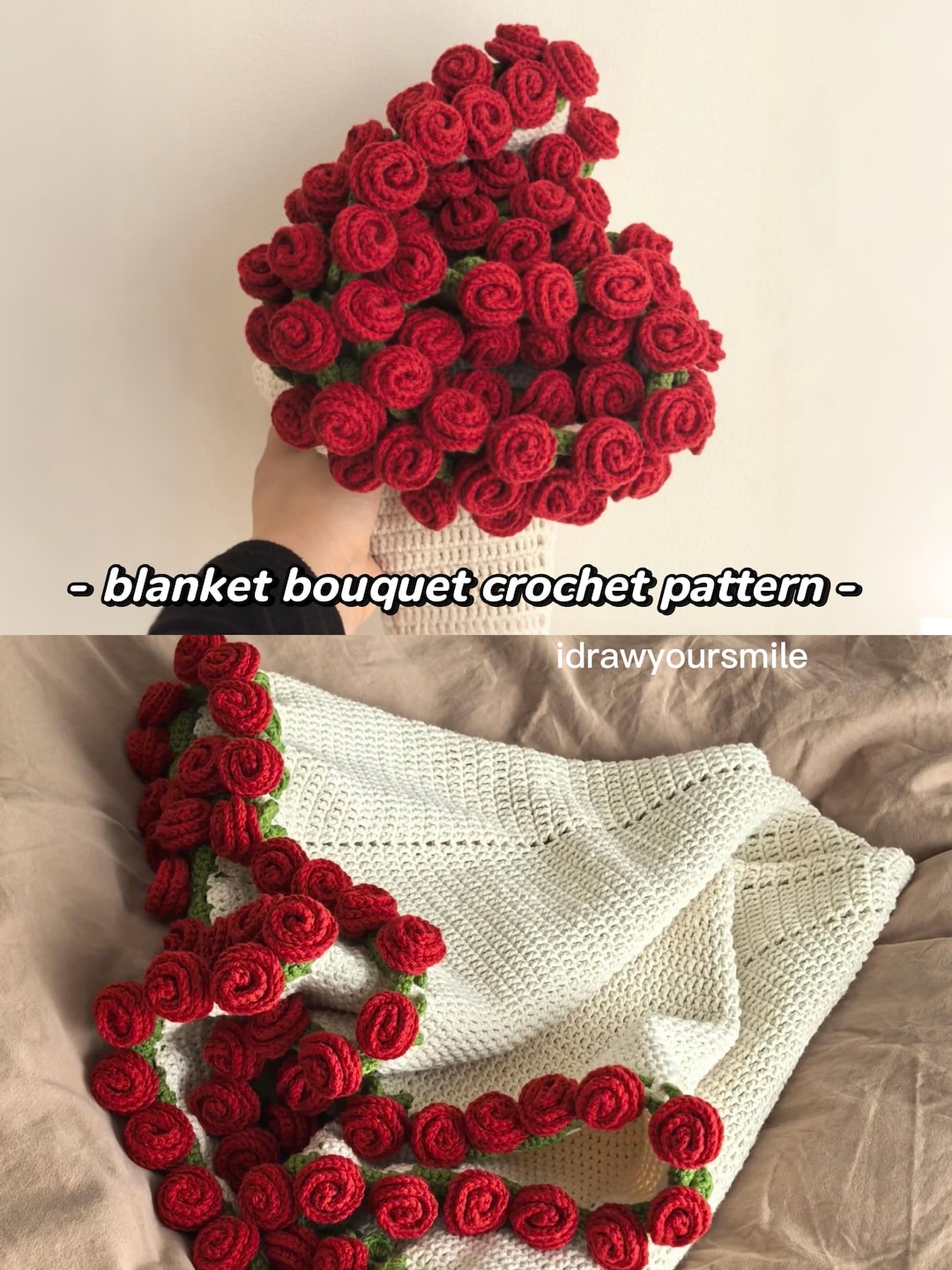 2 in 1 かぎ針編みのバラの花束ブランケットパターン（PDF パターン