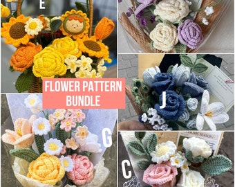 LOT DE 4 BEST-SELLER, motif bouquet de fleurs au crochet (c, g, j, e). 20 motifs. Rose, tulipe, gypsophile, tournesol. Cadeau fête des mères.