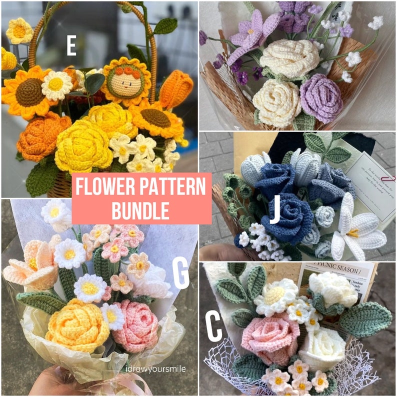 Crochet flower bouquet pattern bundle, with many realistic floral arrangaments handmade with yarn and crochet. Crochet rose flower, crochet tulips, crochet sunflower patterns