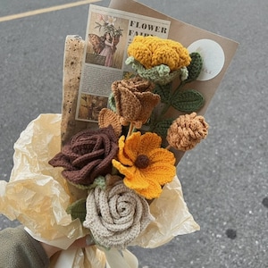 Crochet flower bouquet pattern bundle featuring realistic handmade floral arrangements with yarn, including crochet rose, tulip, and sunflower designs for DIY craft projects. Fall flower bouquet